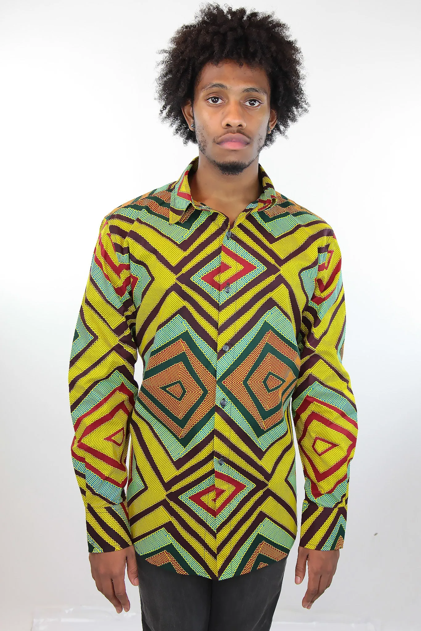 African Print Mens Shirt Button-Up Geometric Shirt Squares