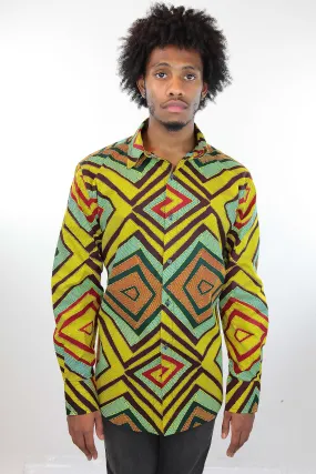 African Print Mens Shirt Button-Up Geometric Shirt Squares