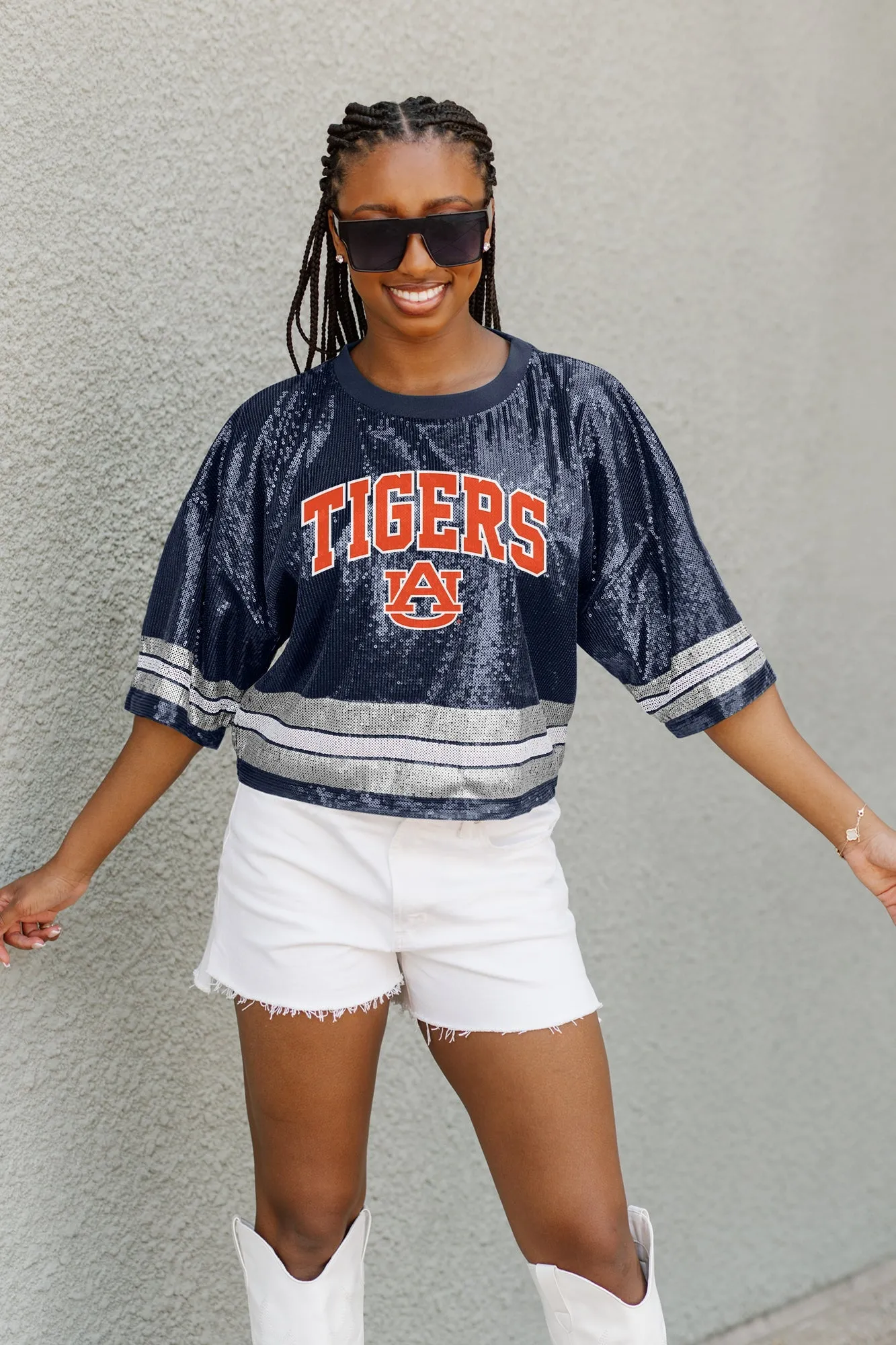 AUBURN TIGERS OWN THE GAME FULL SEQUIN SPARKLE SPORTS-STRIPED CROPPED JERSEY