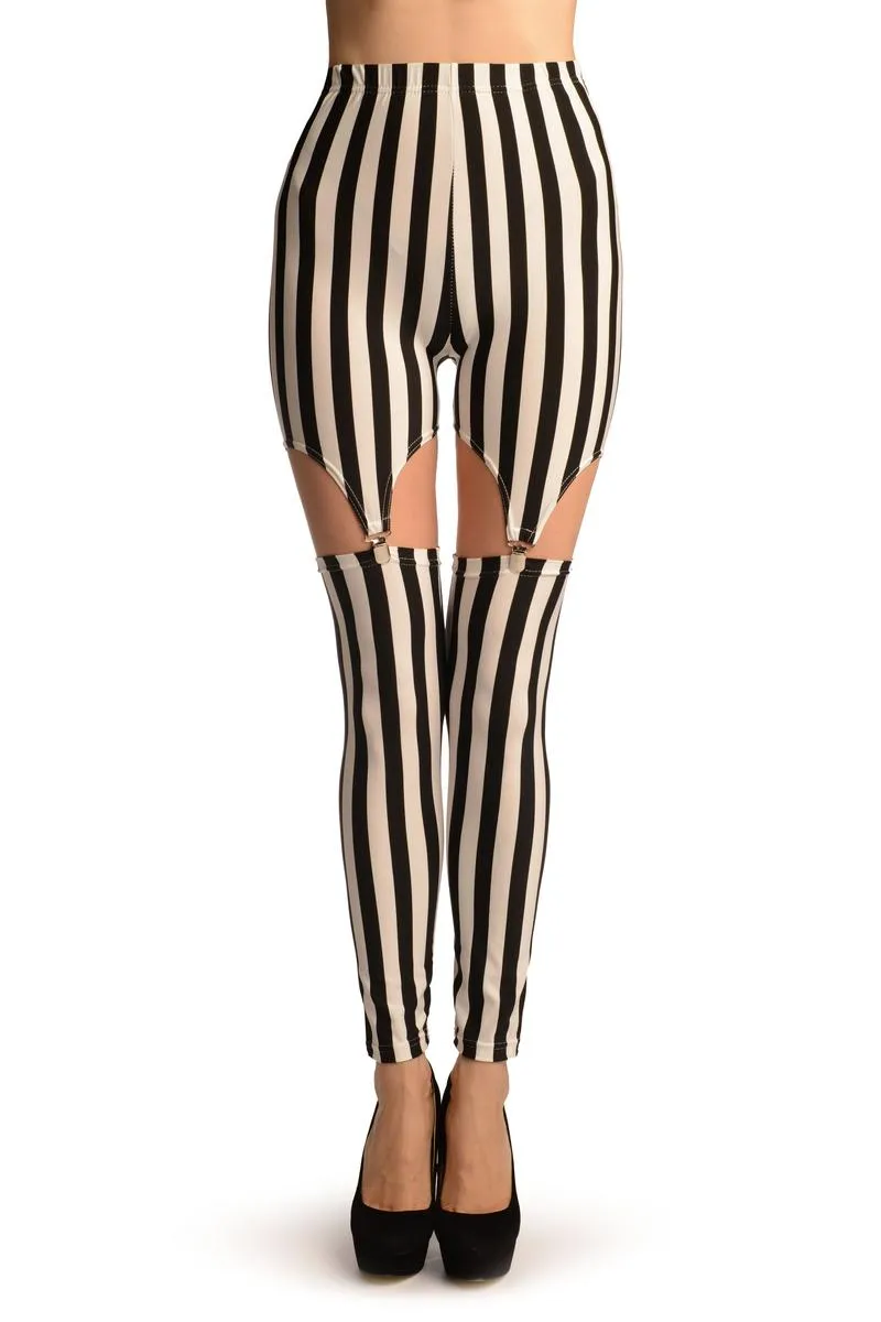Black & White Stripes Suspender Clip On Leggings