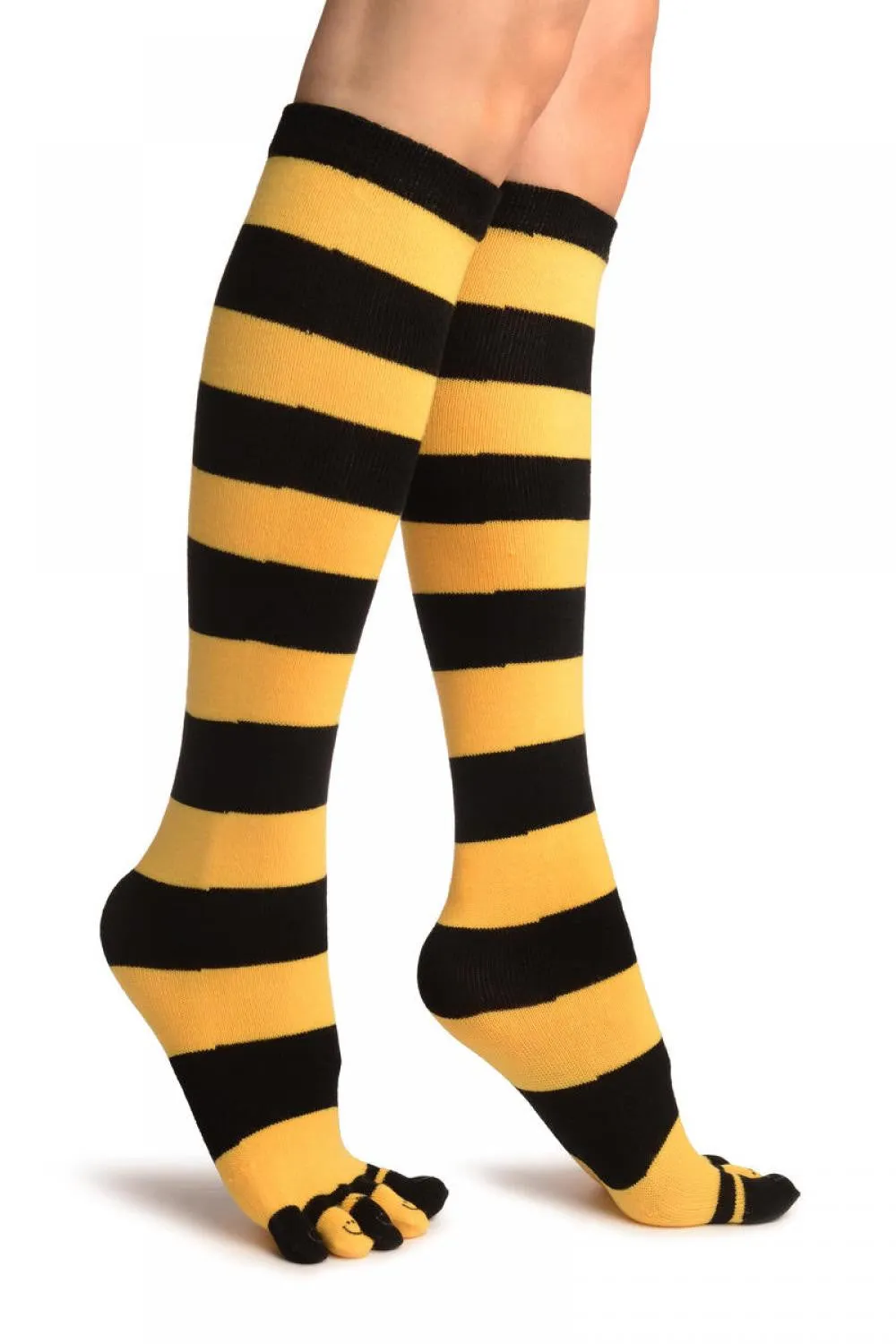 Black & Yellow Stripes & Printed Smiles Knee High Toe Socks