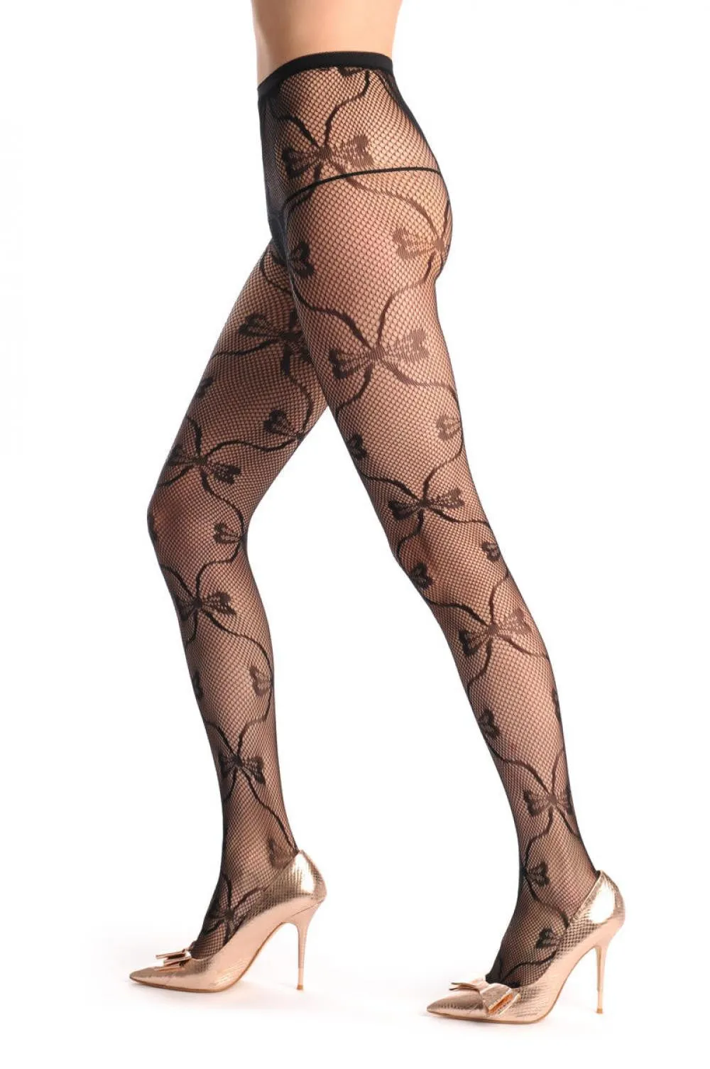 Black Fishnet With Bended Seam Joined With Bows