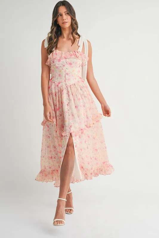 FLORAL PRINTED SHOULDER STRAP MIDI DRESS