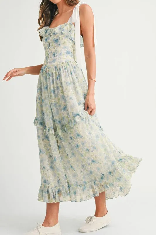FLORAL PRINTED SHOULDER STRAP MIDI DRESS
