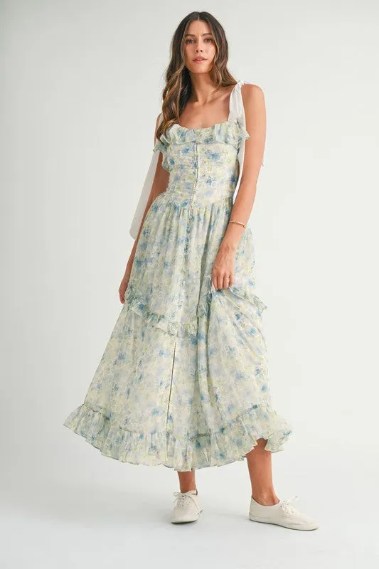 FLORAL PRINTED SHOULDER STRAP MIDI DRESS