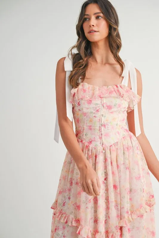 FLORAL PRINTED SHOULDER STRAP MIDI DRESS