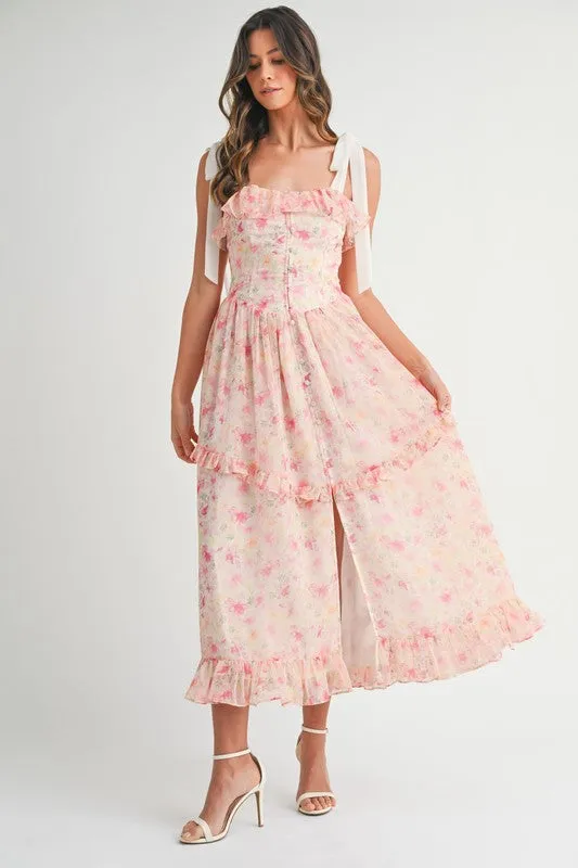 FLORAL PRINTED SHOULDER STRAP MIDI DRESS