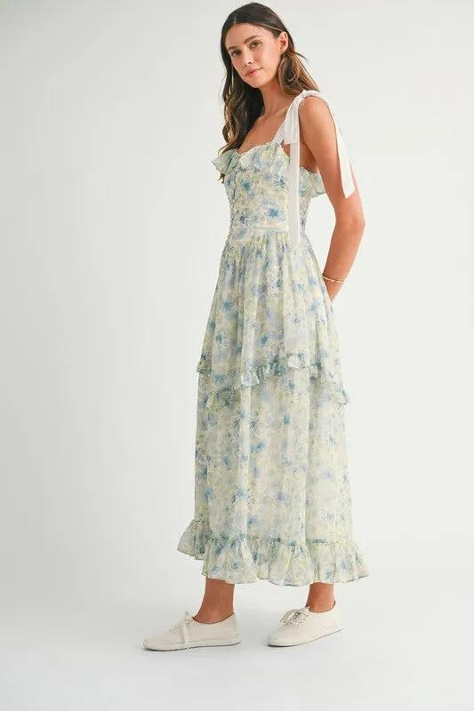 FLORAL PRINTED SHOULDER STRAP MIDI DRESS