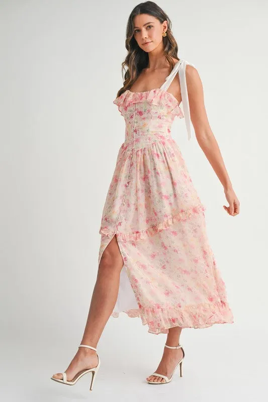 FLORAL PRINTED SHOULDER STRAP MIDI DRESS