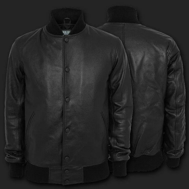 Full Leather Black Varsity Baseball Bomber Jacket