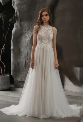 High Neck A-line Wedding Gown with Sequined Lace - Off The Rack