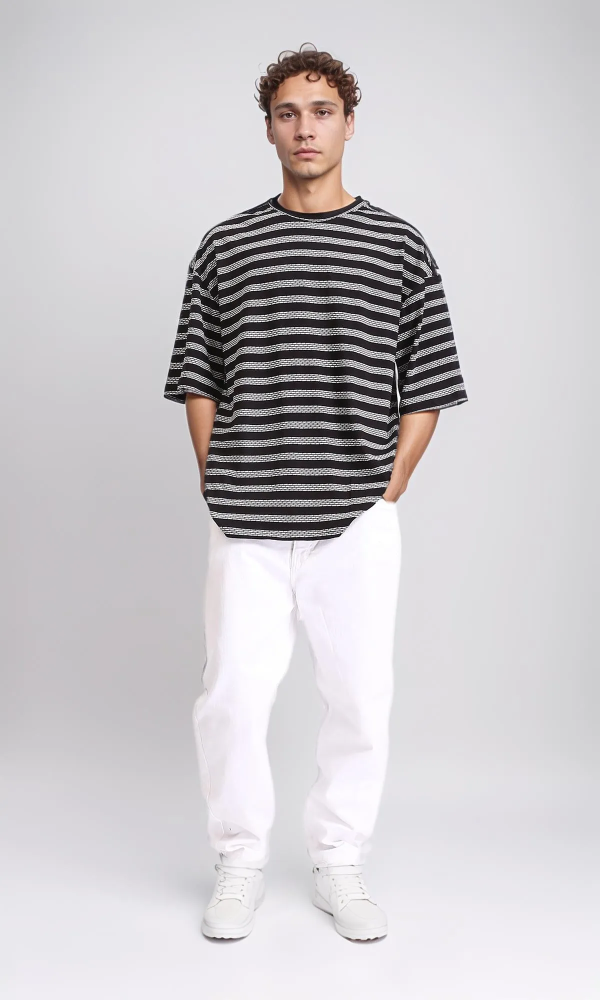 R208465 - Crew Neck Striped Cotton Tee - Black & White