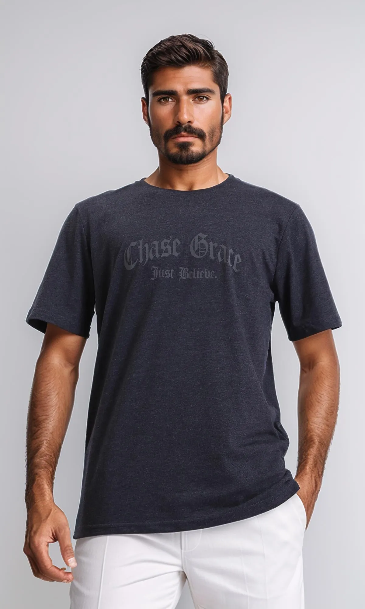R208585 - Printed " Chase Grace" Elbow Sleeves Tee - Heather Black