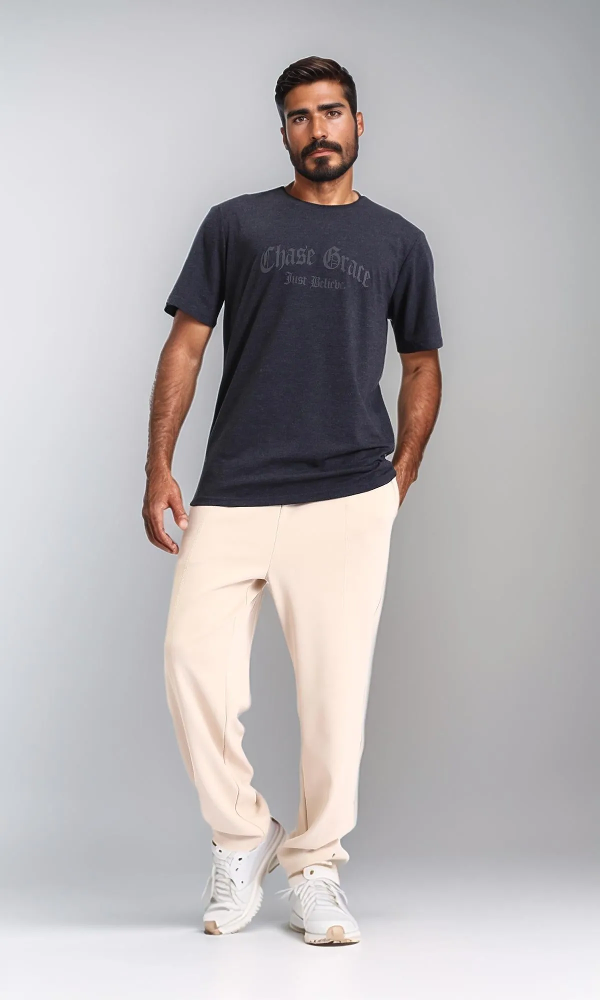 R208585 - Printed " Chase Grace" Elbow Sleeves Tee - Heather Black