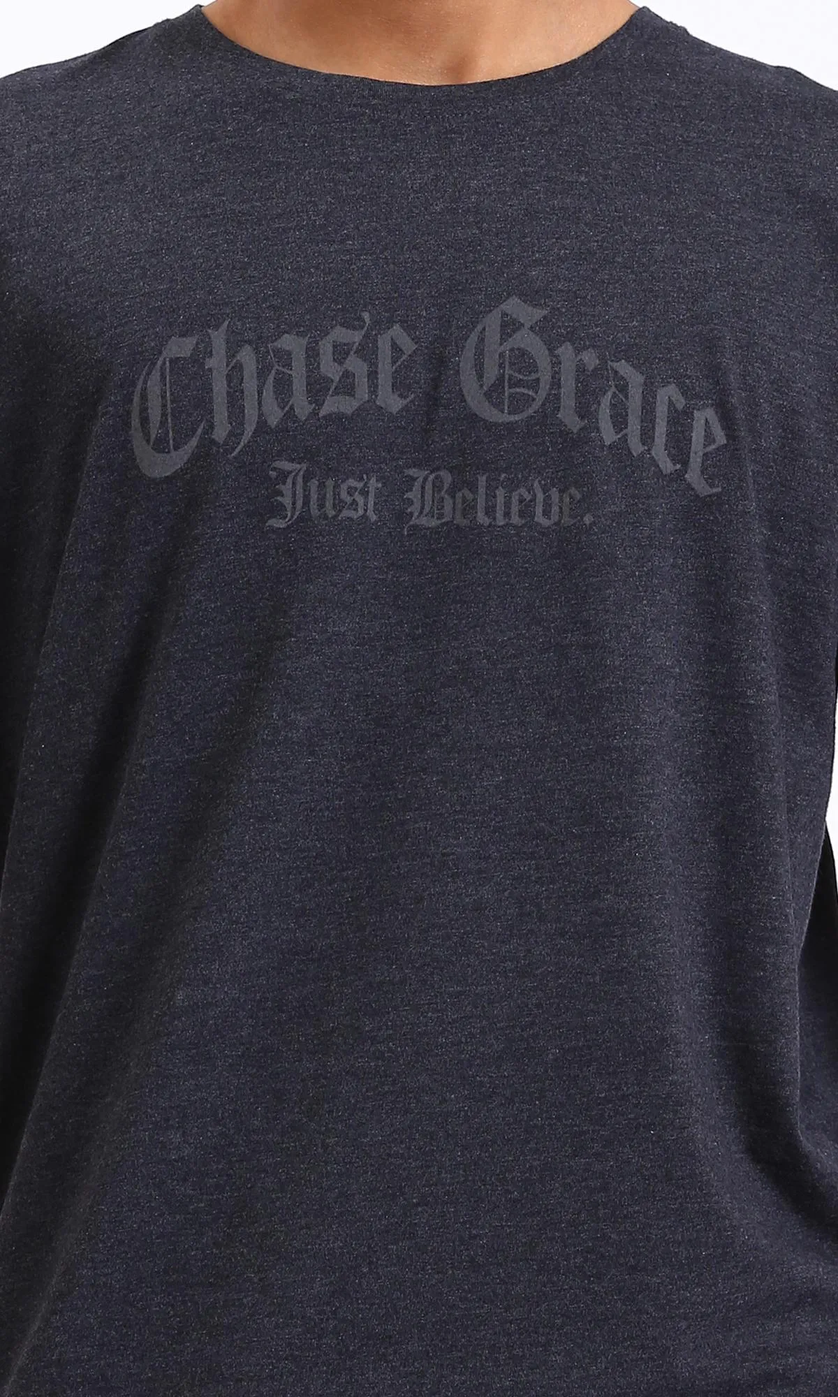 R208585 - Printed " Chase Grace" Elbow Sleeves Tee - Heather Black