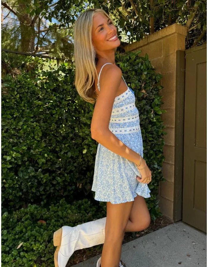 Ribbon Lace Detail Mini Dress in Blue