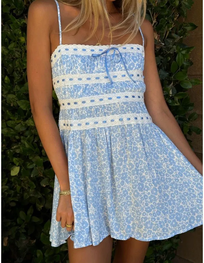Ribbon Lace Detail Mini Dress in Blue