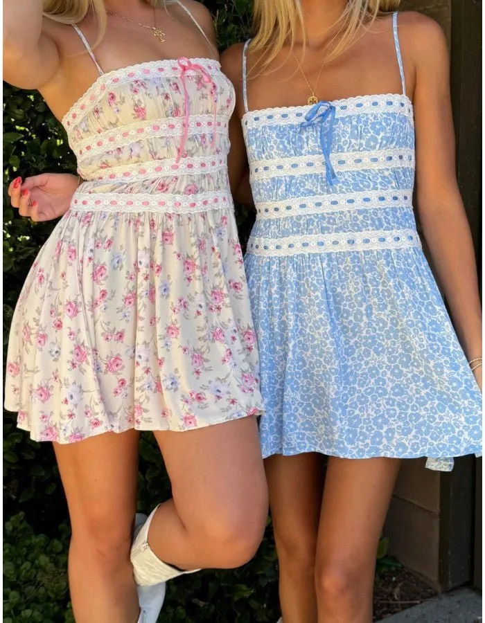 Ribbon Lace Detail Mini Dress in Blue